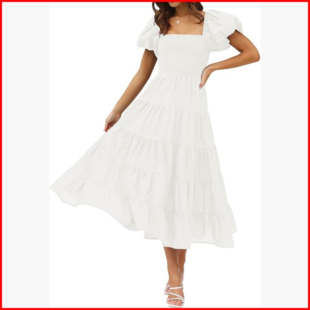 Square Neck Puff Sleeve Smocked Midi Dress, Rayon, High Waist, Backless